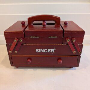Vtg Singer Sewing Box Accordion Fold Out Wooden Caddy Organizer w Thread Spools